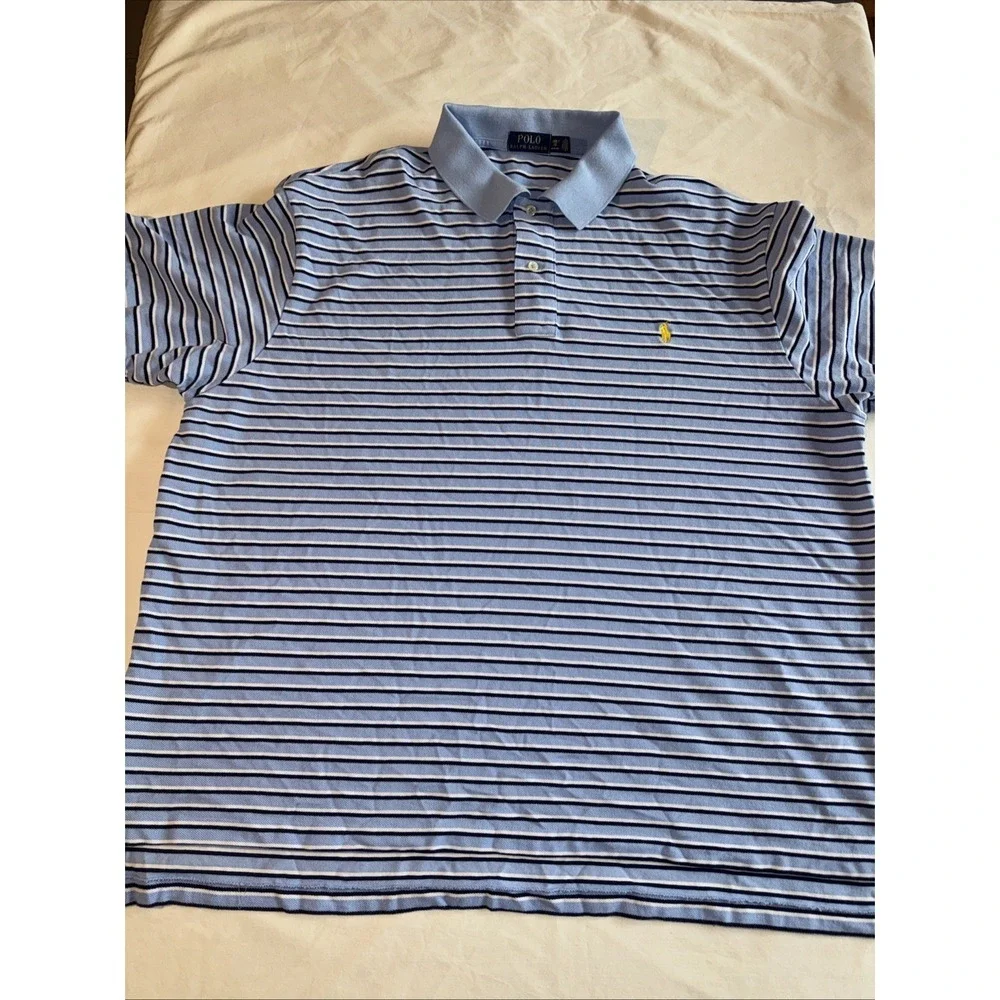 Polo‎ Ralph Lauren Men's 2XB Big Cotton Polo Blue Navy White Striped Yellow Pony